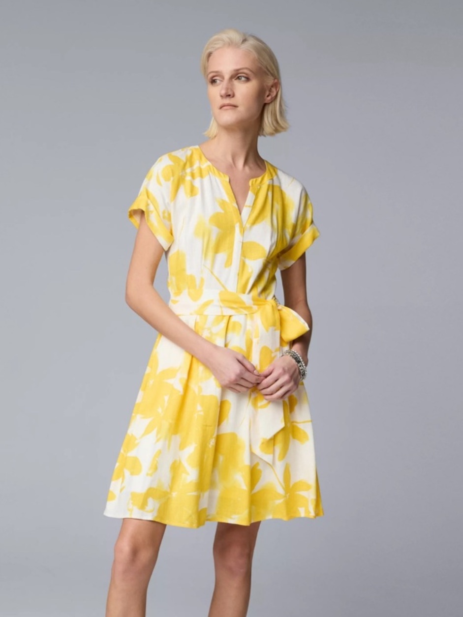 Simply Vera Vera Wang Sundress Xl Yellow Floral V-Neck A-Line Tie Waist Dress